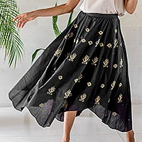 Embroidered cotton handkerchief skirt, 'Ebony Bouquet'