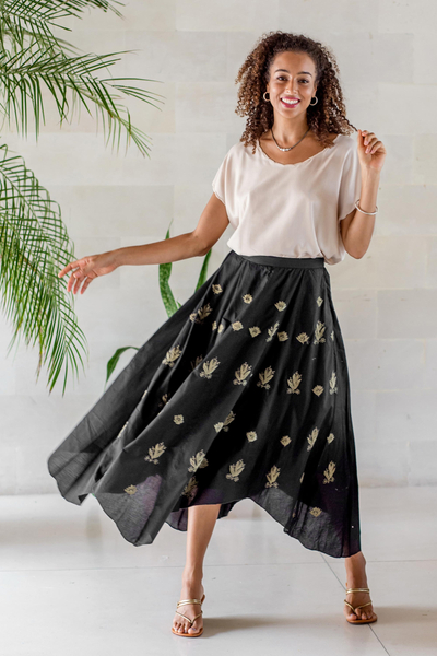 Embroidered cotton handkerchief skirt, Ebony Bouquet