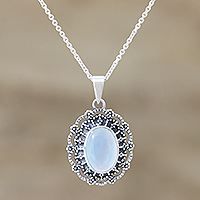 Chalcedony pendant necklace, 'Harmony in Aqua' - Aqua Chalcedony Cabochon Sterling Silver Pendant Necklace