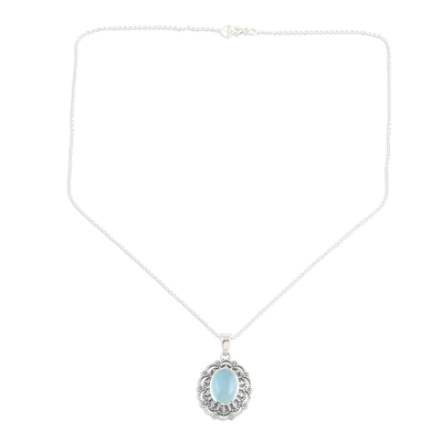 Chalcedony pendant necklace, 'Harmony in Aqua' - Aqua Chalcedony Cabochon Sterling Silver Pendant Necklace