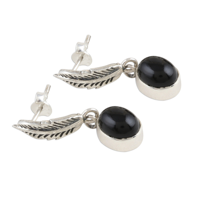 Onyx dangle earrings, 'Midnight Leaf' - Black Onyx and Sterling Silver Leaf Dangle Earrings