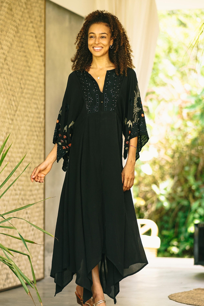 NOVICA Black Polyester Handkerchief Hem Embroidered Dress