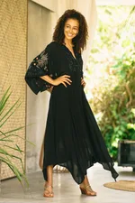 Embroidered crepe maxi dress, 'Dazzling Midnight' - Black Polyester Handkerchief Hem Embroidered Dress