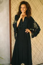Embroidered crepe maxi dress, 'Dazzling Midnight' - Black Polyester Handkerchief Hem Embroidered Dress