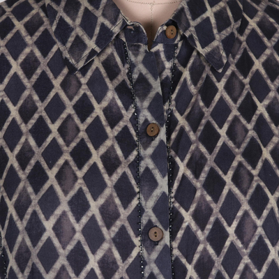 Hemdkleid aus Viskose - Dunkelblaues und graues Hemdkleid mit Perlen