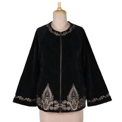 Black Velvet Embroidered Zip-Front Jacket