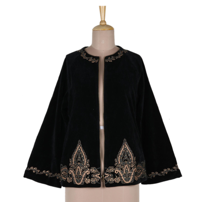 Embroidered velvet jacket, 'Midnight Glamour' - Black Velvet Embroidered Zip-Front Jacket