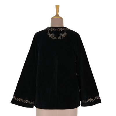 Embroidered velvet jacket, 'Midnight Glamour' - Black Velvet Embroidered Zip-Front Jacket