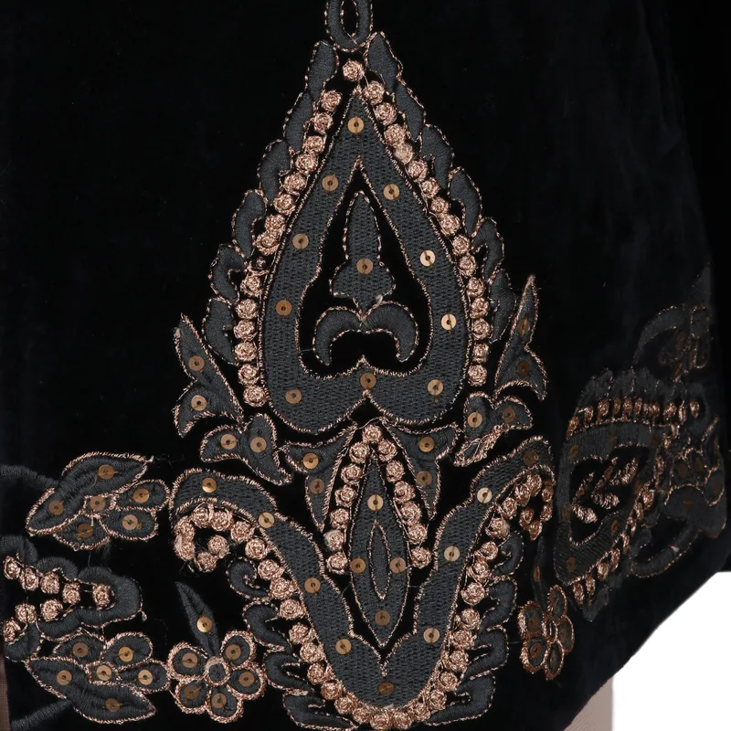 Black Velvet Embroidered Zip-Front Jacket - Midnight Glamour