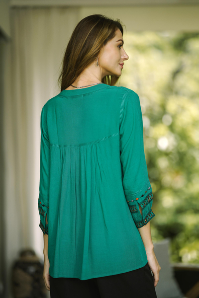 Embroidered viscose tunic, 'Vintage Viridian' - Embroidered Green Viscose Tunic