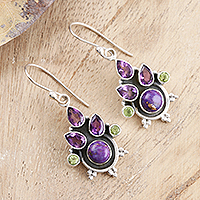 Multi-gemstone dangle earrings, 'Dreaming in Purple' - Purple Multi-Gemstone Sterling Silver Dangle Earrings