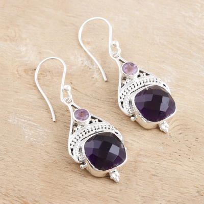 Amethyst dangle earrings, 'Purple Royalty' - Checkerboard Amethyst Sterling Silver Dangle Earrings