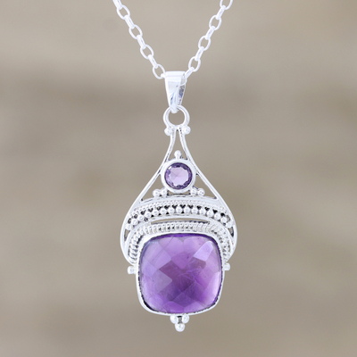 Amethyst pendant necklace, 'Purple Royalty' - Checkerboard Amethyst Pendant Necklace 25 Carats