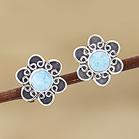 Larimar button earrings, 'Blossom in Blue' - Larimar and Sterling Silver Flower Button Earrings