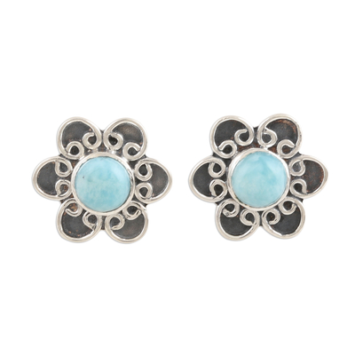 Larimar and Sterling Silver Flower Button Earrings