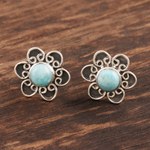 Larimar button earrings, 'Blossom in Blue' - Larimar and Sterling Silver Flower Button Earrings