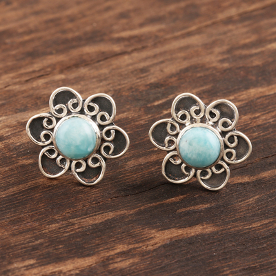 Larimar button earrings, 'Blossom in Blue' - Larimar and Sterling Silver Flower Button Earrings