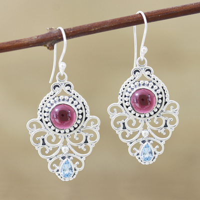Garnet and blue topaz dangle earrings, 'Glory Eternal' - Garnet and Blue Topaz Silver Dangle Earrings