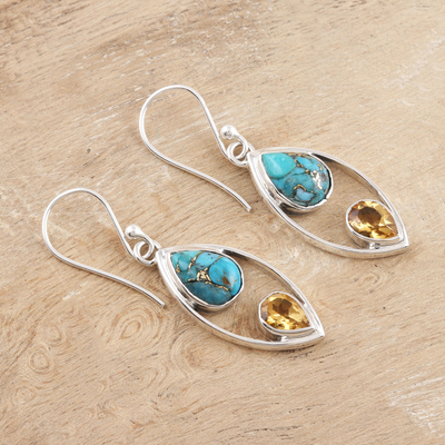 Citrine dangle earrings, 'Happy Union - Citrine and Composite Turquoise Dangle Earrings