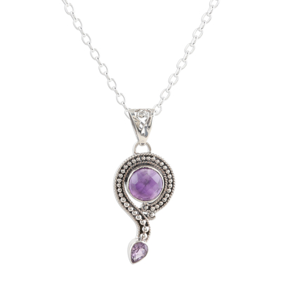 Amethyst pendant necklace, 'Graceful Query' - Hand Crafted Sterling SIlver and Amethyst Necklace