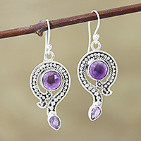 Amethyst dangle earrings, 'Graceful Query' - Artisan Crafted Amethyst Dangle Earrings