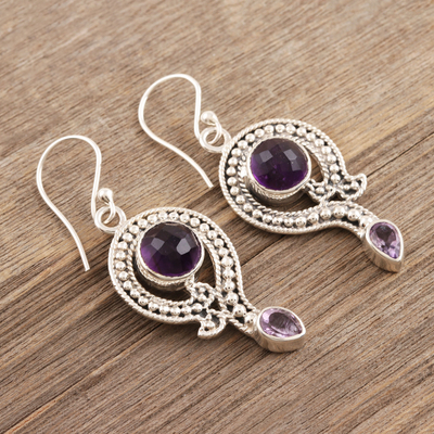 Amethyst dangle earrings, 'Graceful Query' - Artisan Crafted Amethyst Dangle Earrings