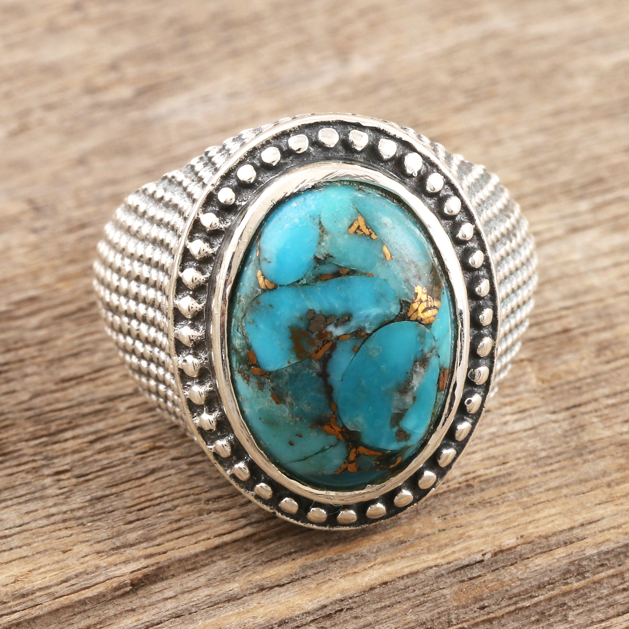 Sterling Silver and Reconstituted Turquoise Men's Dome Ring, 'Turquoise  Swirl'