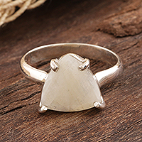 Rainbow moonstone solitaire ring, 'Misty Pyramid' - Triangular Rainbow Moonstone Sterling Silver Cocktail Ring