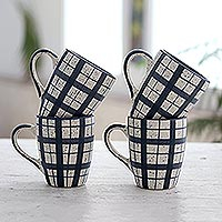 Ceramic mugs, 'Windowpane' (set of 4) - Dark Blue Off and White Ceramic Mugs (Set of 4)