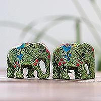 Hand-painted papier mache figurines, 'Festive Green' - Hand-Painted Papier Mache Elephant Figurines (Pair)