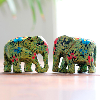 Hand-painted papier mache figurines, 'Festive Green' - Hand-Painted Papier Mache Elephant Figurines (Pair)