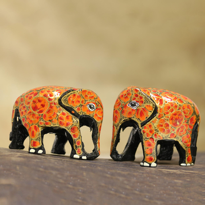 Papier mache figurines, 'Orange Flower Friends' (pair) - Hand Painted papier Mache Elephants (pair)