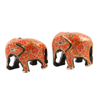 Papier mache figurines, 'Orange Flower Friends' (pair) - Hand Painted papier Mache Elephants (pair)