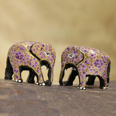 Papier mache figurines, 'Purple Flower Friends' (pair) - Purple and Gold Floral Papier Mache Elephants (Pair)