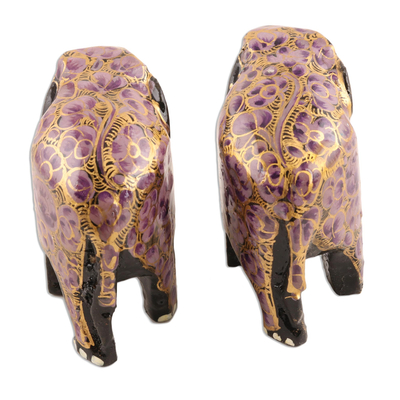 Papier mache figurines, 'Purple Flower Friends' (pair) - Purple and Gold Floral Papier Mache Elephants (Pair)