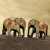 Papier mache figurines, 'Multicolored Flower Friends' (pair) - Multicolored Papier Mache Elephant Figurines (Pair)
