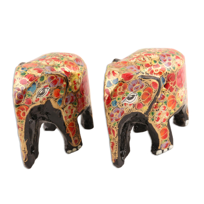 Papier mache figurines, 'Multicolored Flower Friends' (pair) - Multicolored Papier Mache Elephant Figurines (Pair)