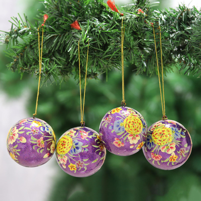 Papier mache ornaments, 'Mughal Holiday in Purple' (set of 4) - Beautiful Floral Papier Mache Ornaments (Set of 4)