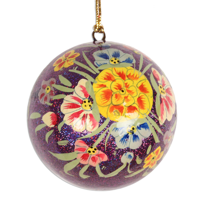 Papier mache ornaments, 'Mughal Holiday in Purple' (set of 4) - Beautiful Floral Papier Mache Ornaments (Set of 4)