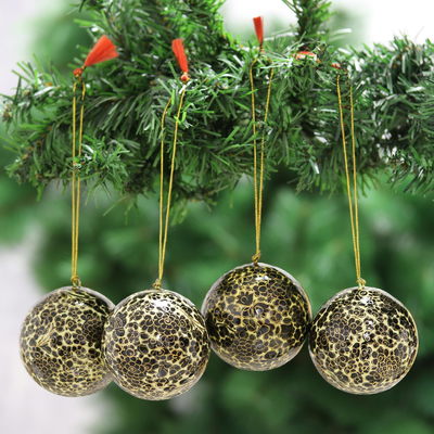Papier mache ornaments, 'Holiday Blossoms in Black' (set of 4) - Black and Gold Floral Papier Mache Ornaments (Set of 4)