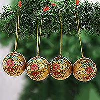 Papier mache ornaments, 'Blooming Holiday' (set of 4) - Papier Mache Ornaments with Floral Motifs (Set of 4)