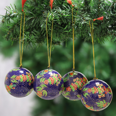 Papier mache ornaments, 'Holiday Geraniums' (set of 4) - Navy Floral Papier Mache Christmas Ornaments (Set of 4)