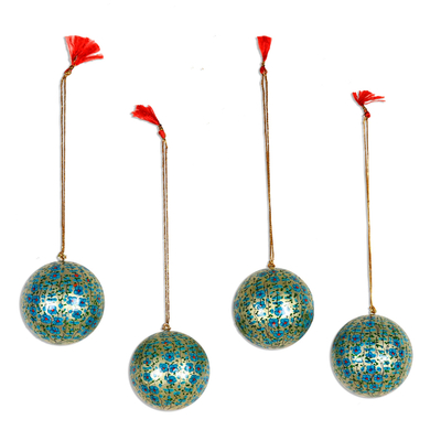 Papier mache ornaments, 'Kashmir Valley Holiday in Aqua' (set of 4) - Handmade Floral Papier Mache Holiday Ornaments (Set of 4)