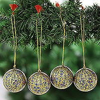 Papier mache ornaments, 'Kashmir Valley Holiday in Gold' (set of 4) - Gold Floral Papier Mache Christmas Ornaments (Set of 4)