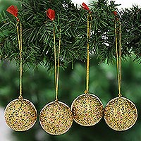 Papier mache ornaments, 'Holiday Flowers' (set of 4) - Artisan Crafted Papier Mache Floral Ornaments (Set of 4)