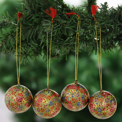 Hand Painted Papier Mache Ornaments (Set of 4) - Kashmir Meadow | NOVICA