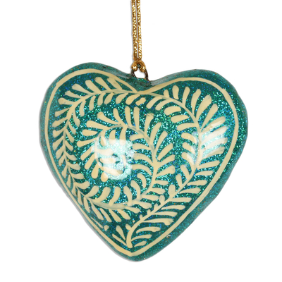 Papier mache ornaments, 'Kashmir Hearts' (set of 4) - Sparkling Heart Papier Mache Ornaments (Set of 4)