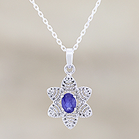 Sapphire pendant necklace, 'Flower of Delhi' - One Carat Blue Sapphire Necklace