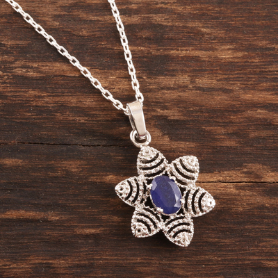 Sapphire pendant necklace, 'Flower of Delhi' - One Carat Blue Sapphire Necklace