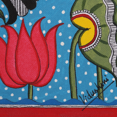 Madhubani painting, 'Fish Union' - Colorful Madhubani Painting with Fish Motif